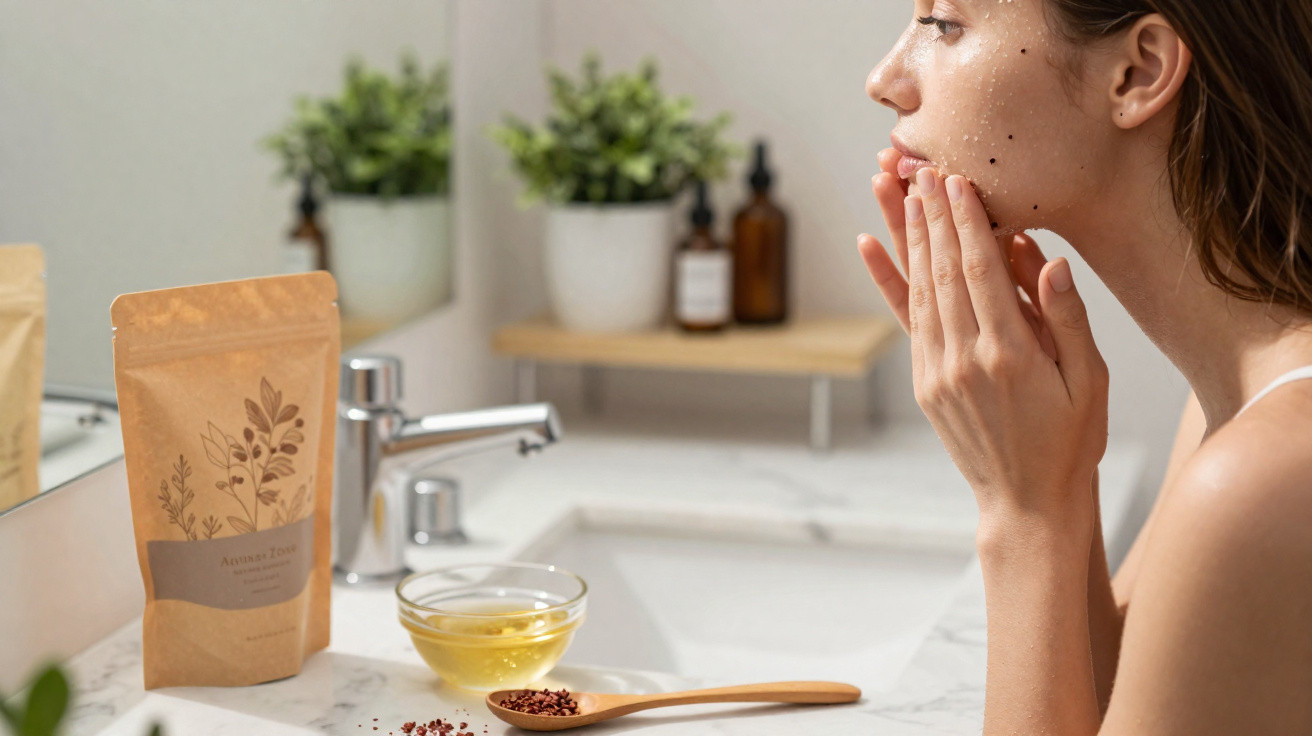 Mulher a aplicar esfoliante facial num lavatório com produtos naturais ao lado e plantas ao fundo.
