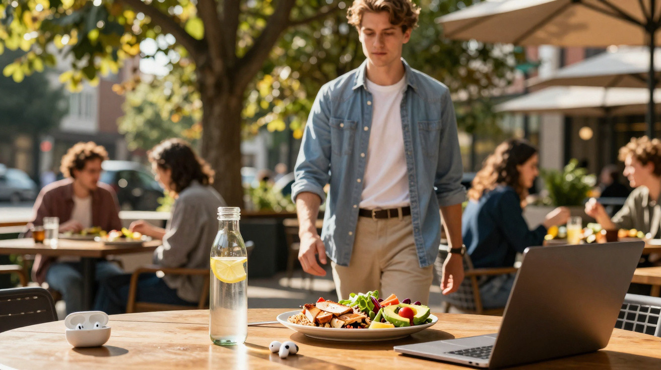Homem aproxima-se de mesa exterior com salad e garrafa de água, laptop e auriculares sobre a mesa.