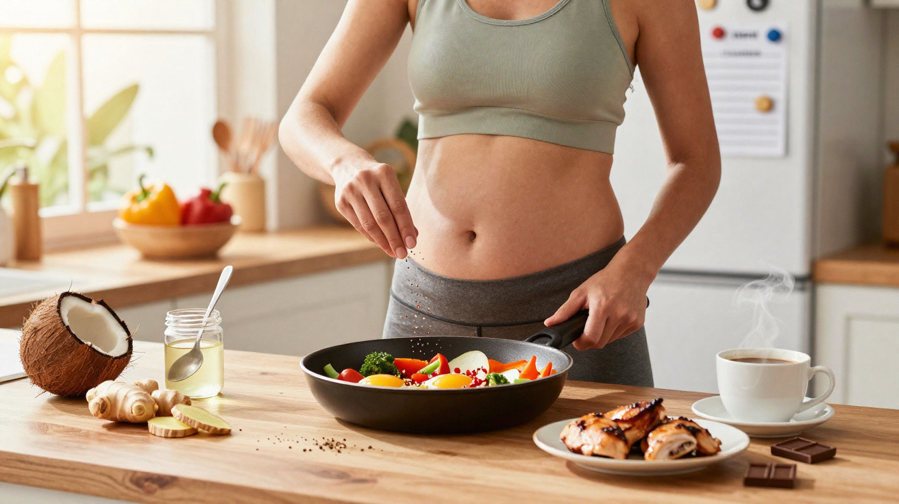 Mulher grávida tempera legumes numa frigideira numa cozinha moderna e luminosa.