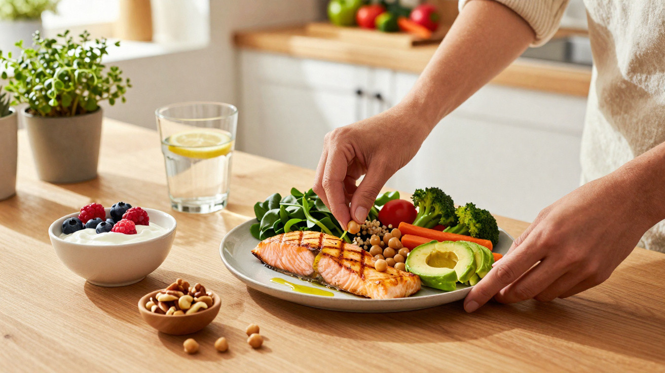 Pessoa a temperar prato com salmão grelhado, legumes, abacate e grão-de-bico numa cozinha iluminada.