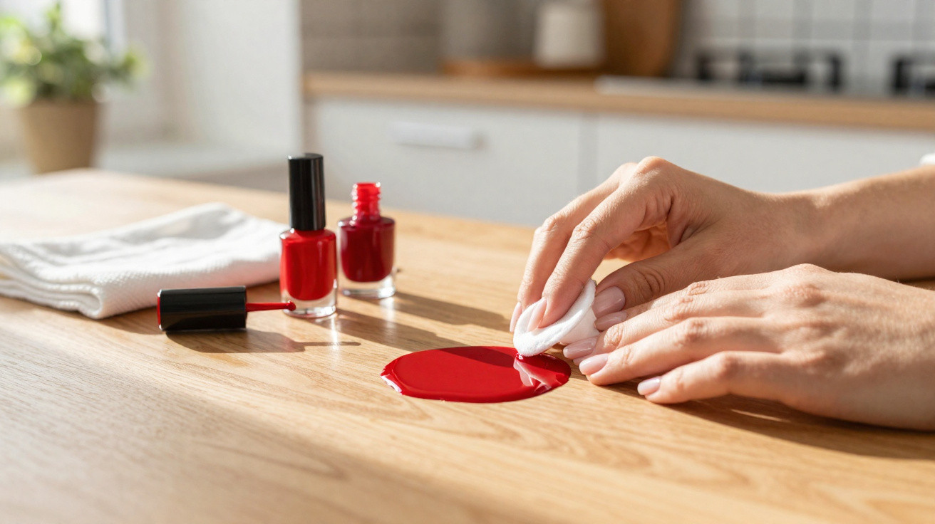 Mãos a limpar verniz vermelho derramado numa superfície de madeira com um pano branco.