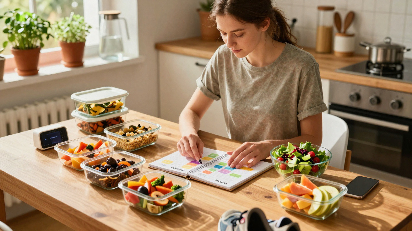 Mulher sentada à mesa com refeições saudáveis em tupperwares planeando dieta num caderno.