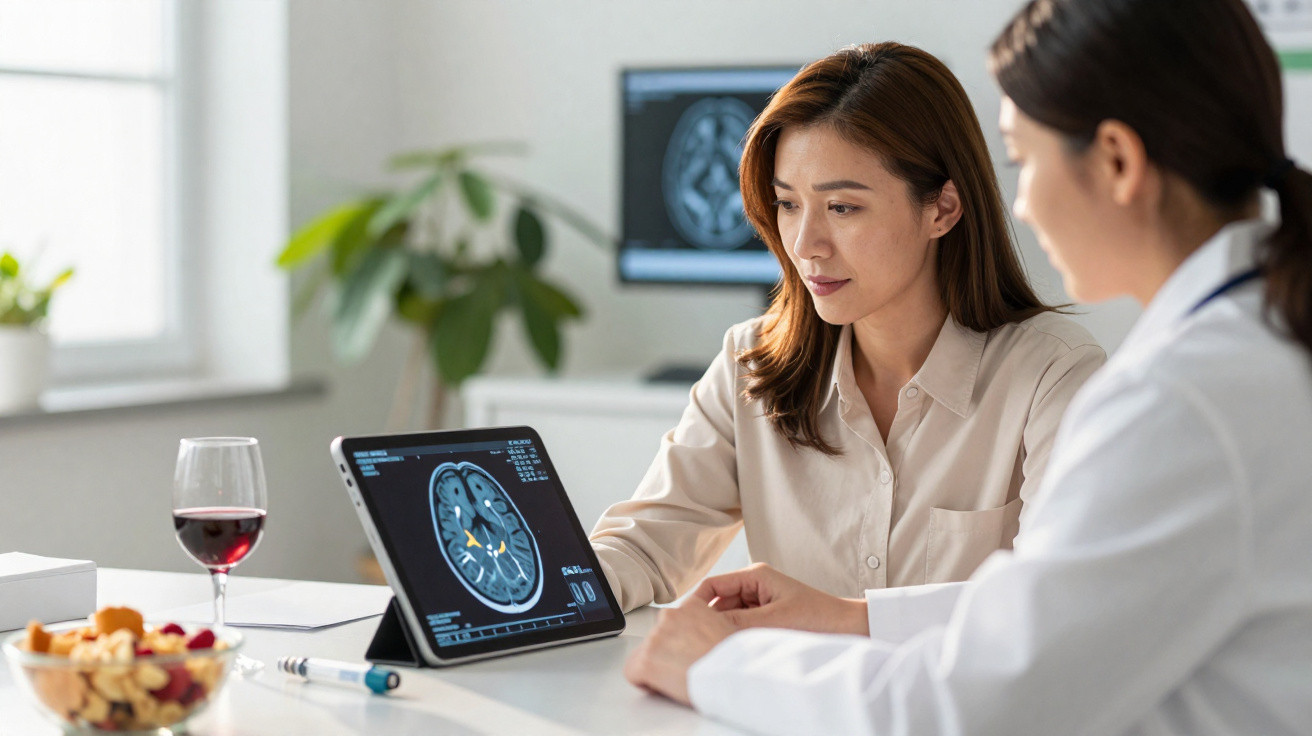 Paciente a consultar resultados de TAC cerebral com médica numa clínica moderna.