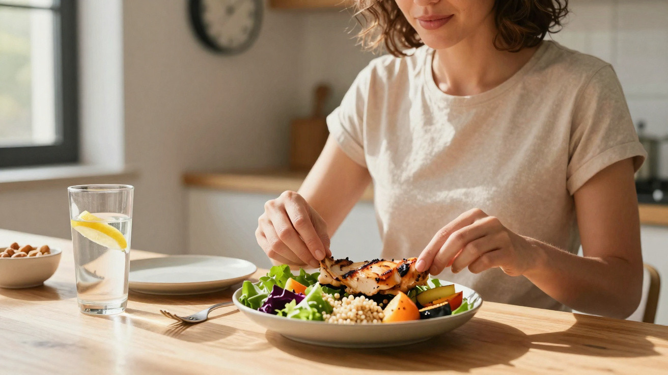 Pessoa a preparar uma salada com legumes, quinoa e frango grelhado numa cozinha iluminada.