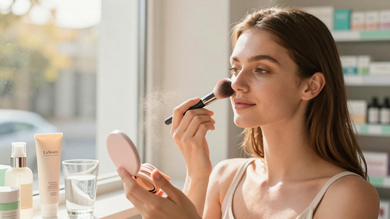 Mulher a aplicar maquilhagem com pincel e espelho perto da janela com luz natural.
