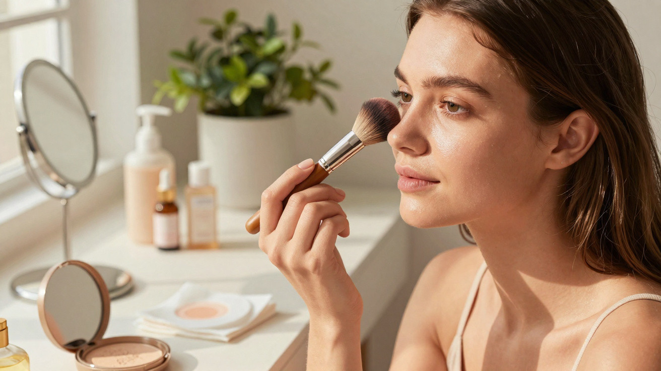 Mulher a aplicar maquilhagem com pincel perto de espelhos e produtos de beleza numa secretária branca.