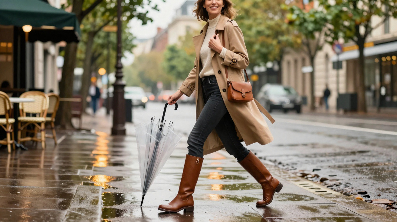 Mulher sorridente com impermeável bege e botas castanhas a atravessar rua molhada segurando guarda-chuva transparente.