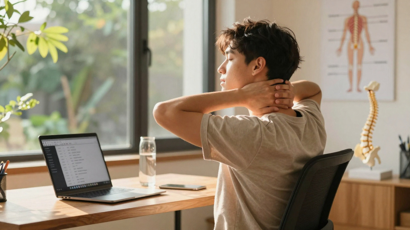 Homem jovem sentado numa cadeira de escritório, massajando o pescoço, com laptop e modelo de coluna vertebral ao fundo.
