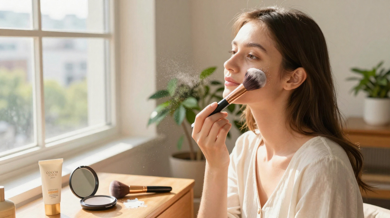 Mulher a aplicar pó facial com pincel perto de janela com luz natural e plantas em ambiente interior.