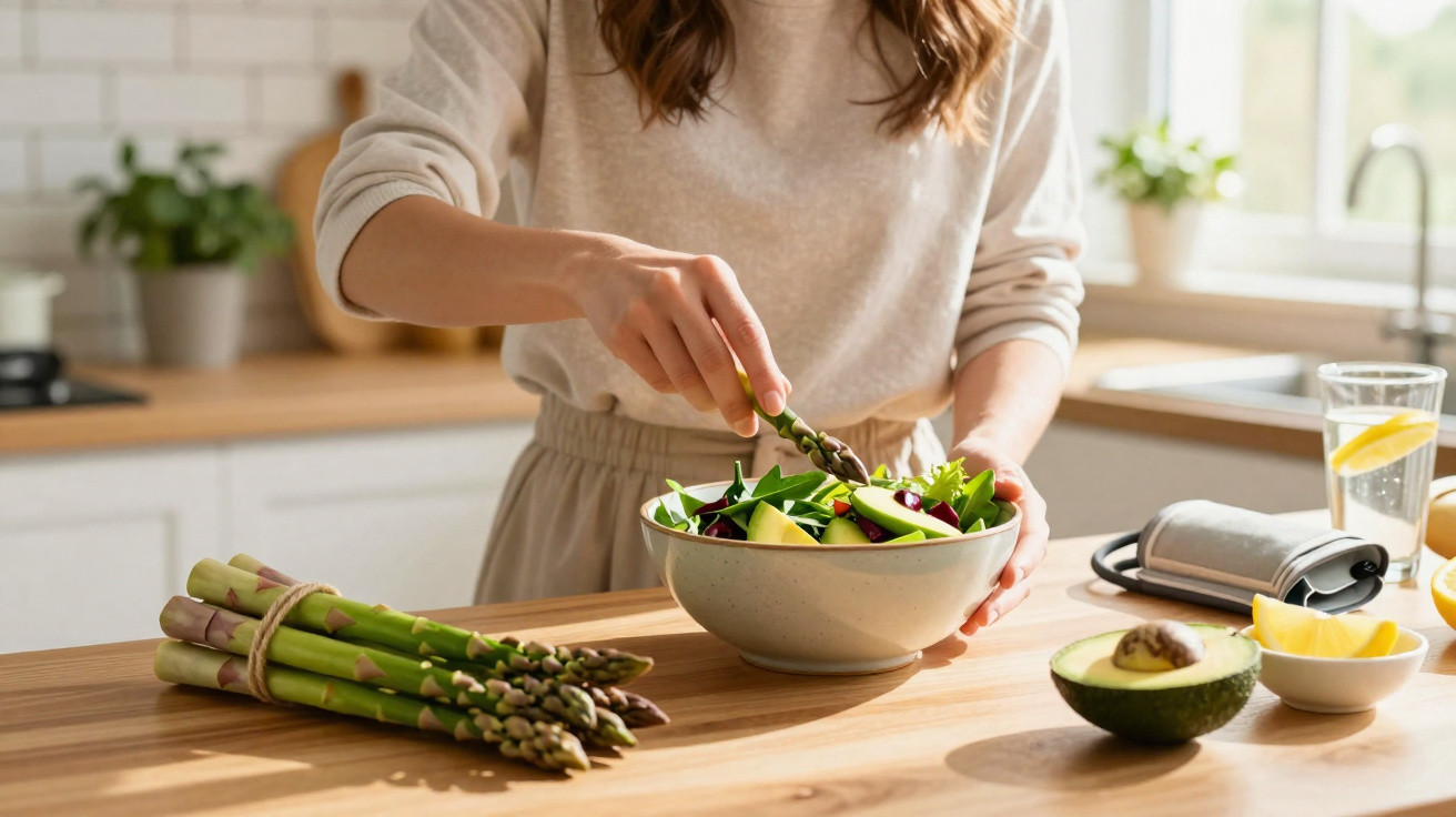 Pessoa a preparar salada com espargos, abacate e legumes numa cozinha iluminada.
