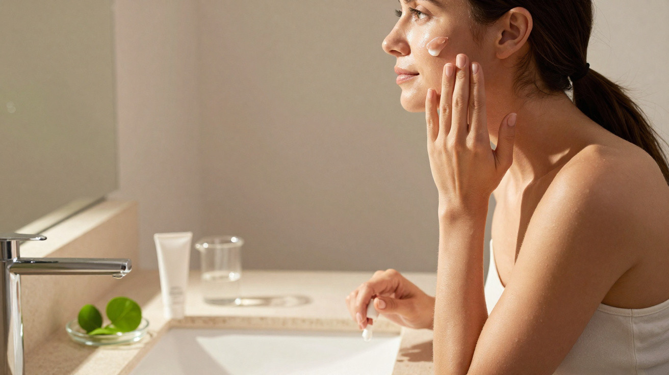 Mulher a aplicar creme facial junto a lavatório numa casa de banho iluminada pela luz natural.