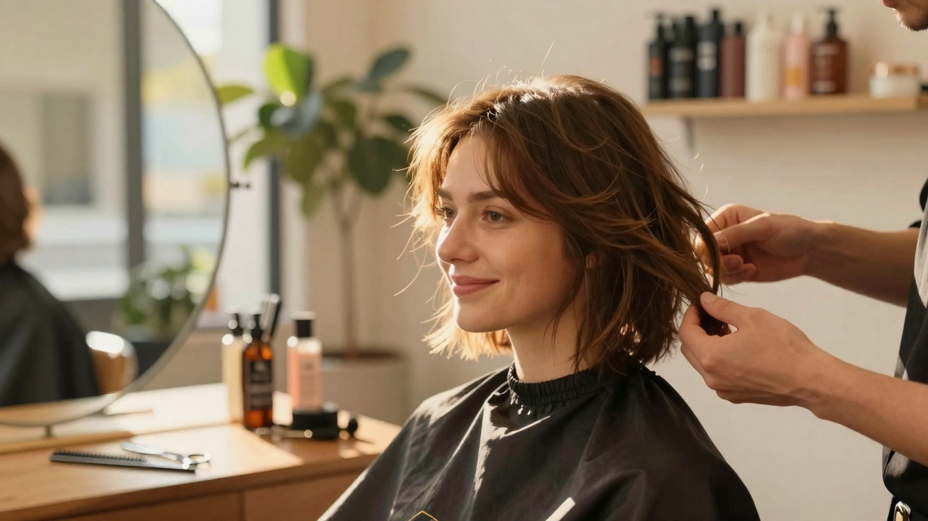 Mulher sorridente a ser penteada num salão de cabeleireiro com ambiente iluminado e produtos na mesa.