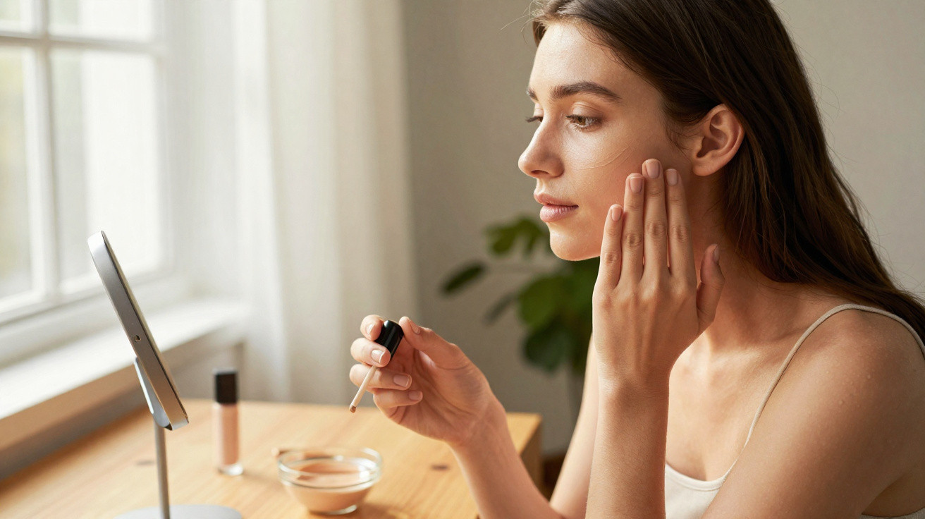 Mulher a aplicar sérum facial junto a janela com espelho pequeno sobre mesa de madeira.