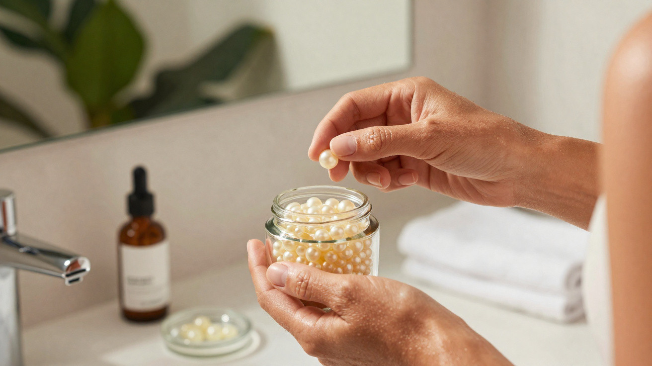 Mãos segurando frasco com pérolas de creme num lavatório com toalhas e frasco de vidro ao fundo.