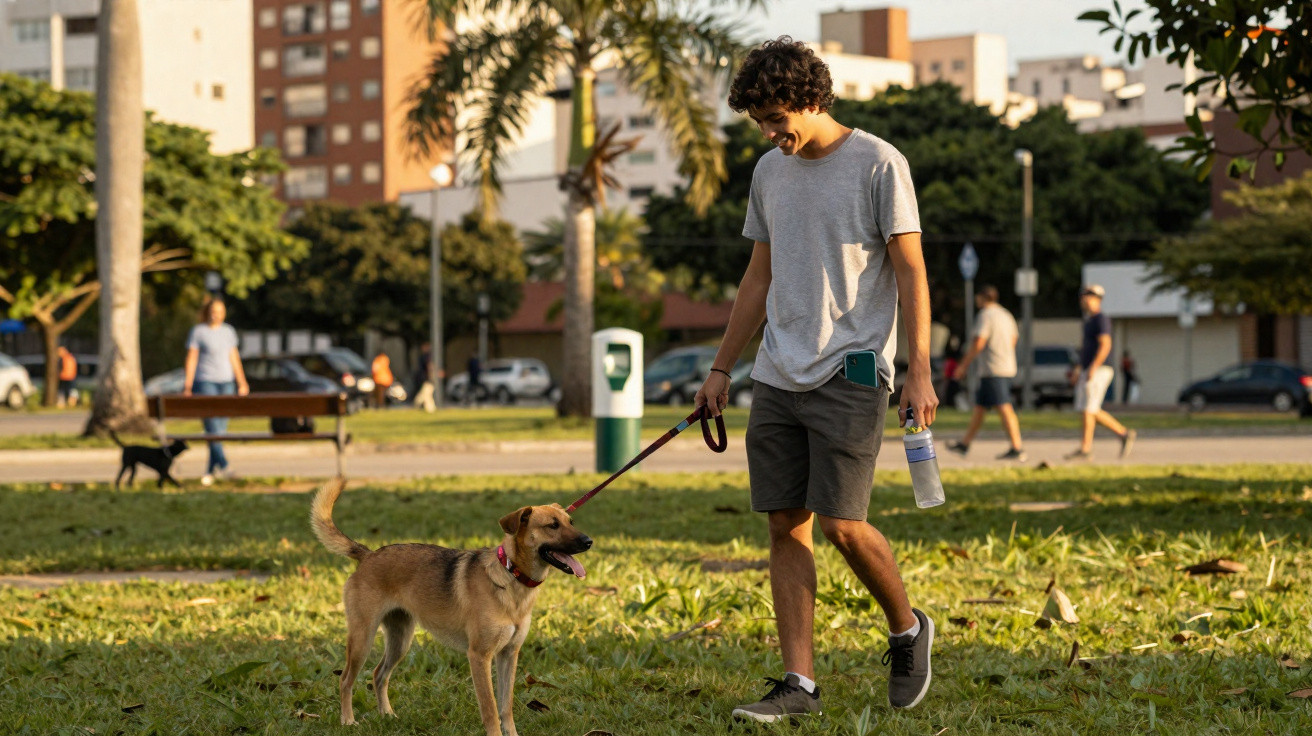 Jovem de camiseta cinza e calções abre caminho num parque, passeando um cão castanho com trela num final de tarde.