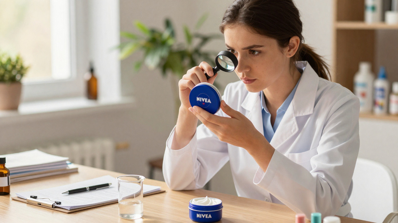 Mulher de bata branca a examinar creme Nivea com lupa numa mesa com papéis e frascos.