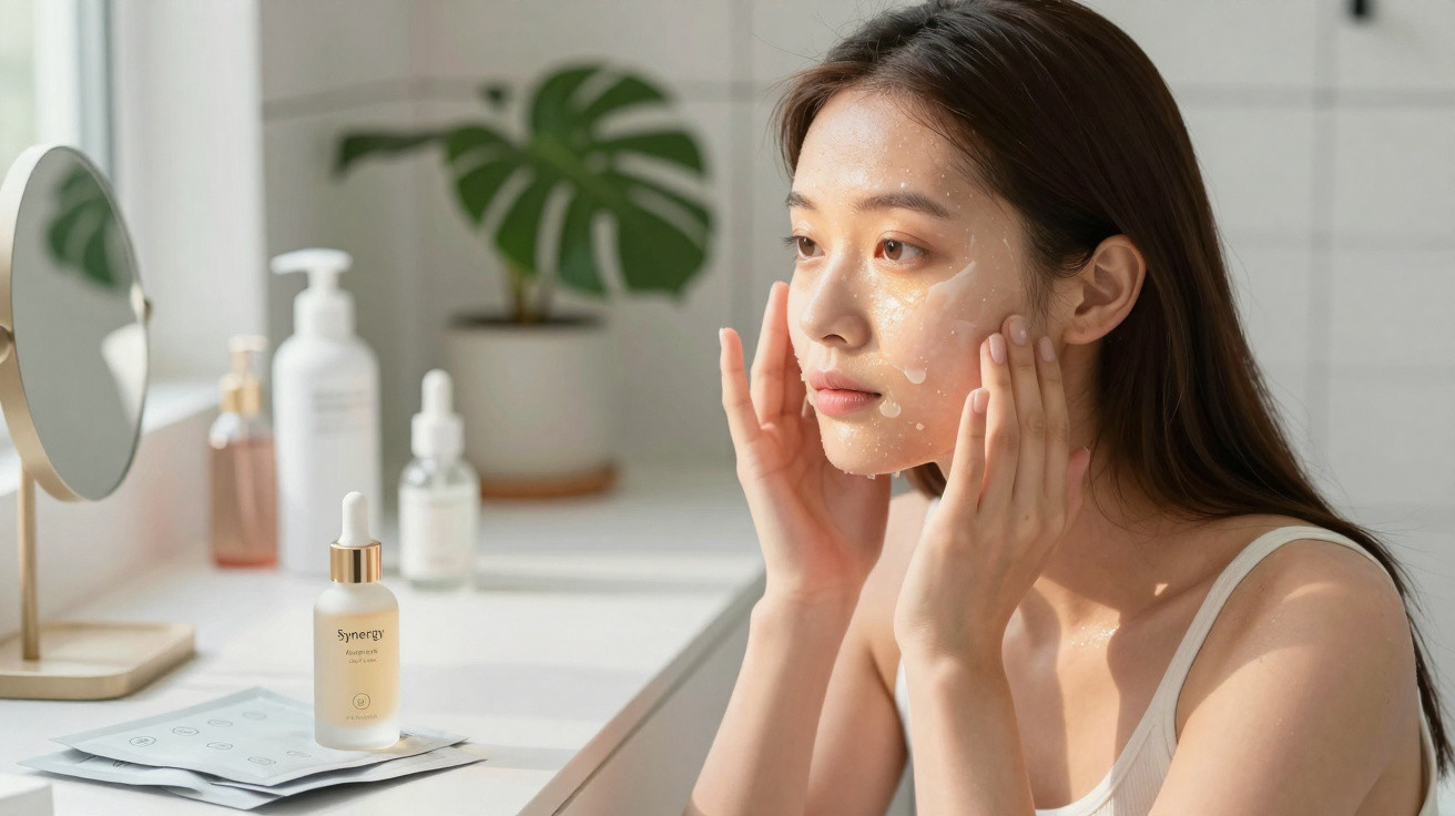 Mulher a aplicar sérum facial num ambiente de casa-de-banho com produtos de cuidados da pele na bancada.