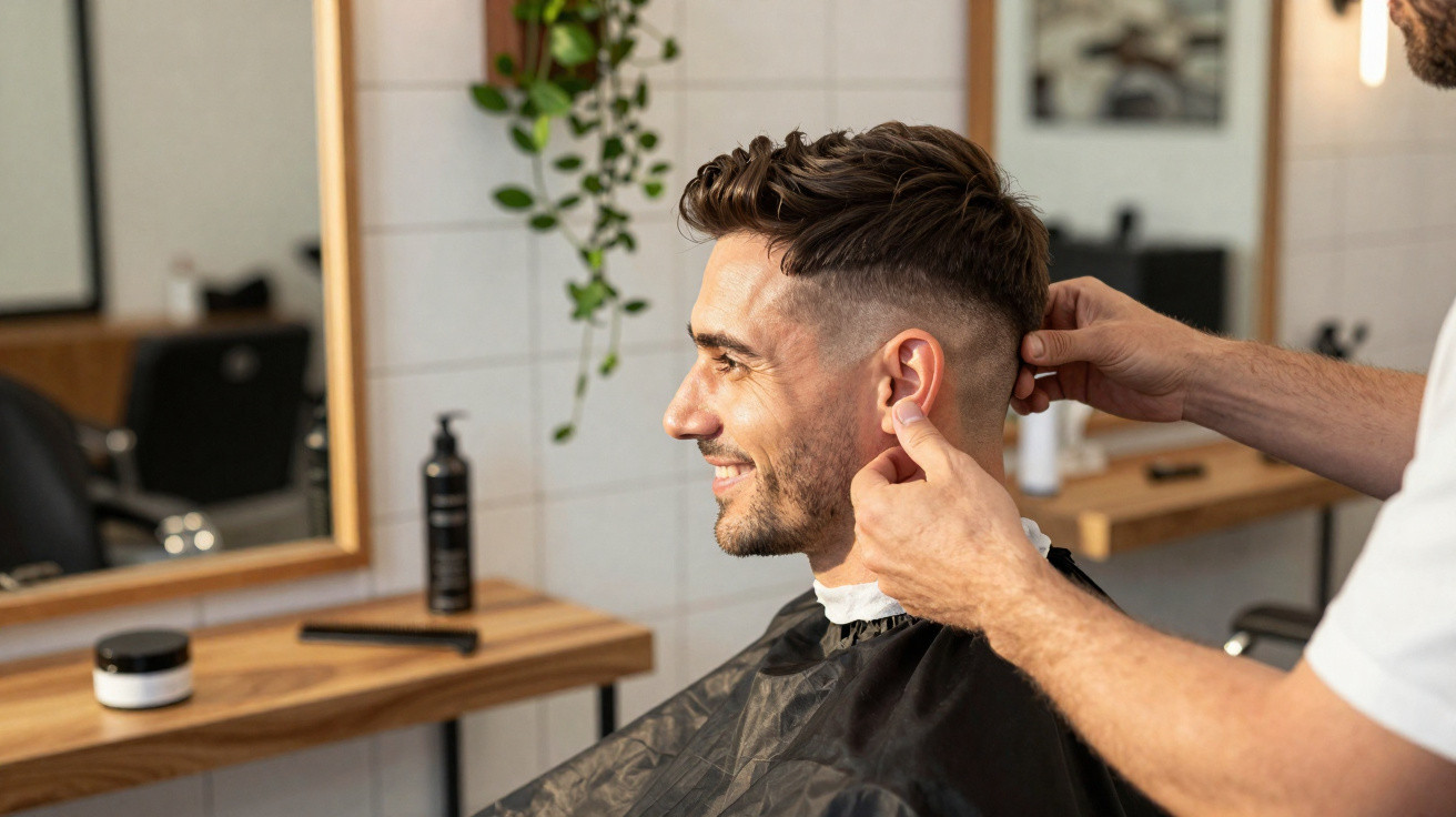 Homem sorridente a receber corte de cabelo numa barbearia moderna com decoração simples.