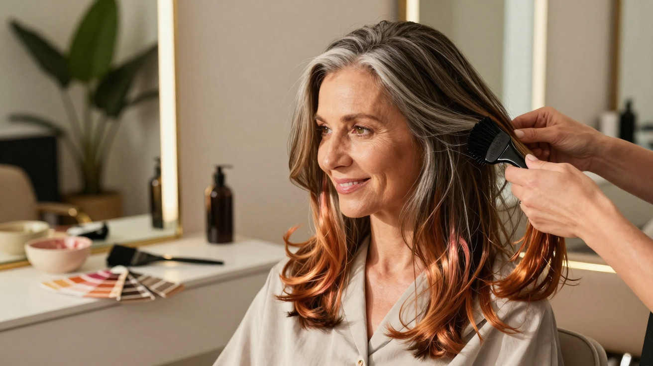 Mulher de meia-idade a receber coloração no cabelo num salão de beleza, sorrindo.