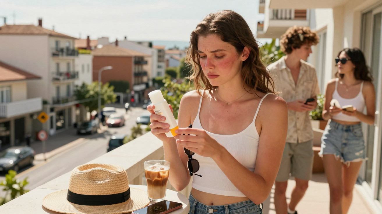 Jovem com pele vermelha aplica protector solar na varanda com dois amigos ao fundo no verão.