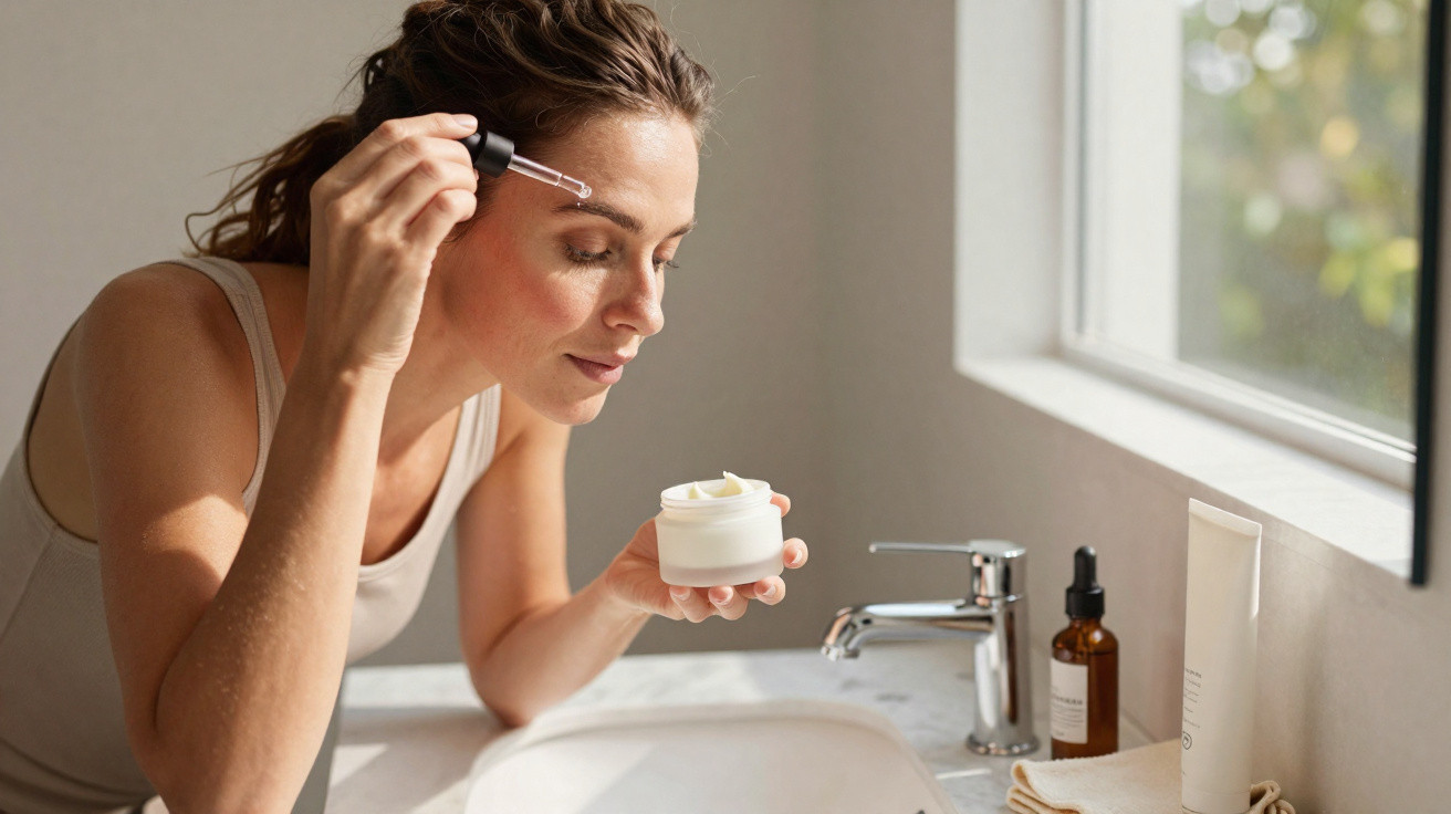 Mulher a aplicar sérum no rosto junto a um lavatório com luz natural pela janela.