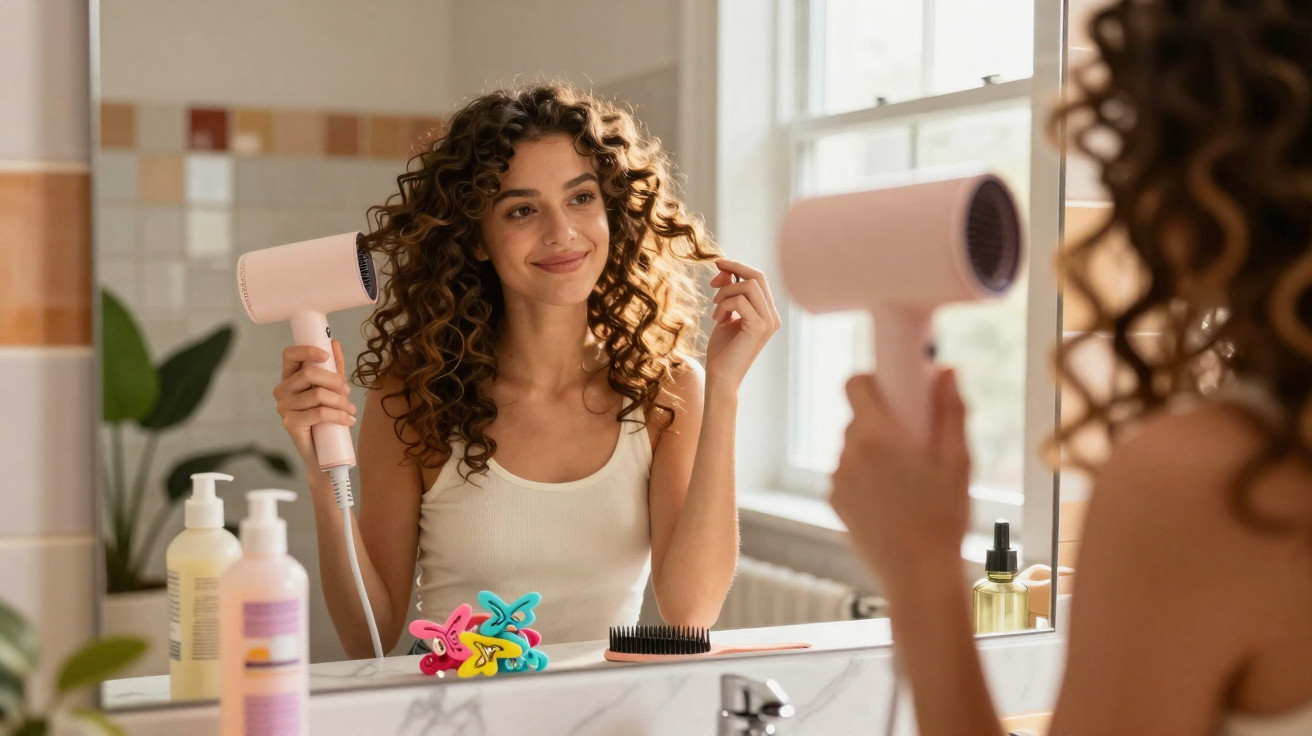 Mulher com cabelo encaracolado a secar o cabelo com um secador no banheiro, olhando para o espelho.