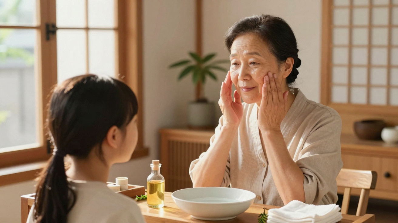 Mulher mais velha aplicando creme facial com óleo natural, sentada à mesa com rapariga num ambiente acolhedor.