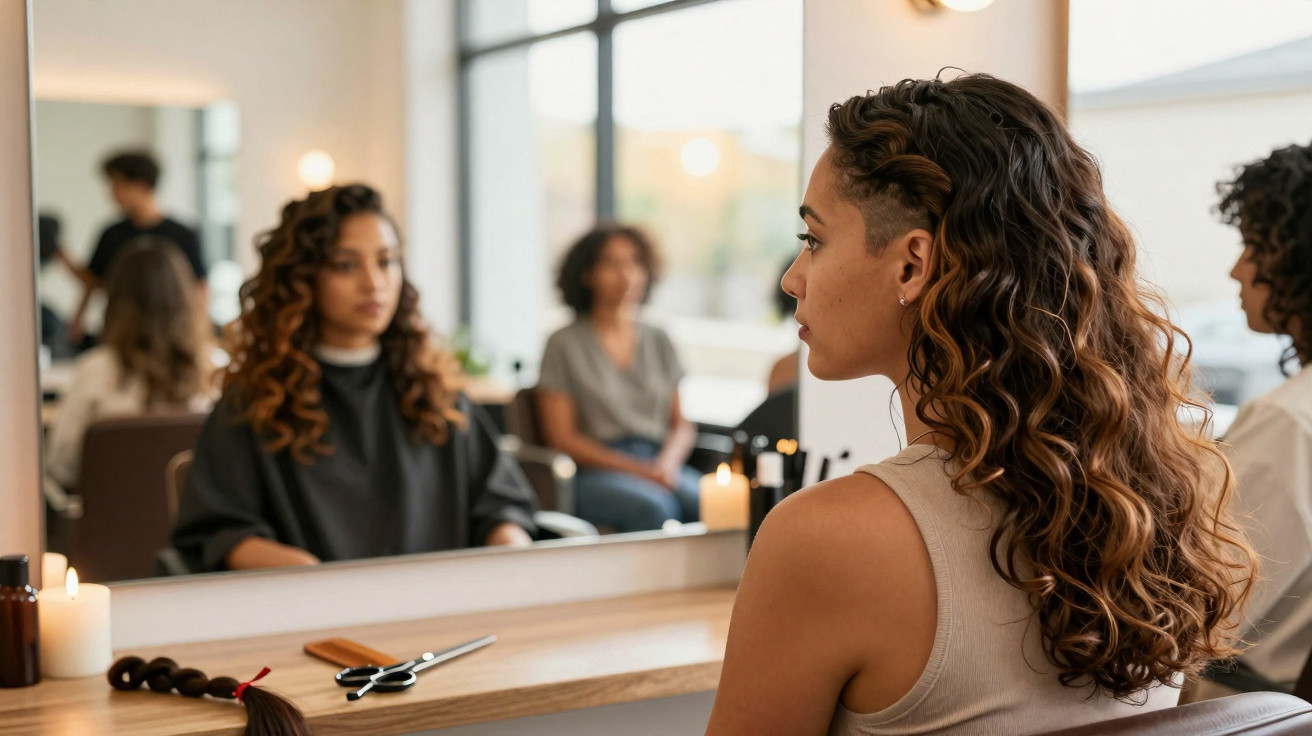 Mulher com cabelo encaracolado sentada numa cadeira de cabeleireiro, vista de perfil e reflexo no espelho.