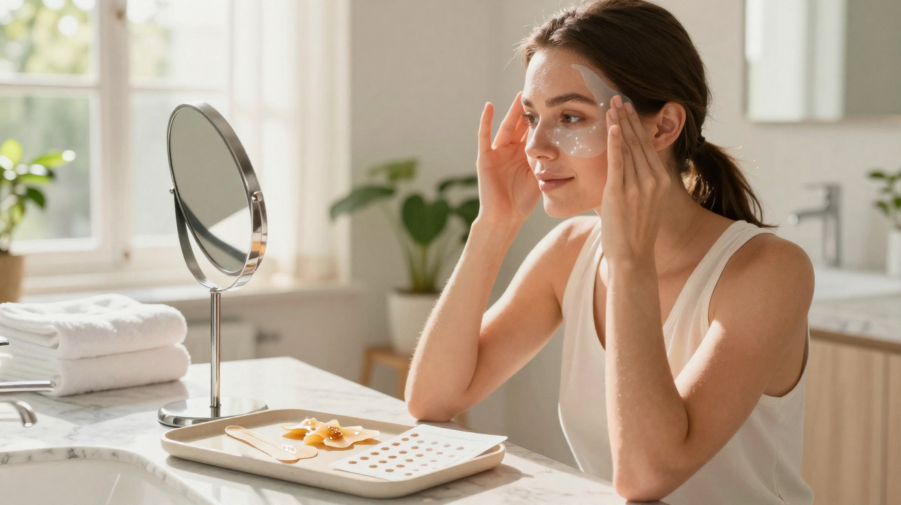 Mulher jovem aplica creme facial junto a espelho numa casa de banho luminosa e minimalista.