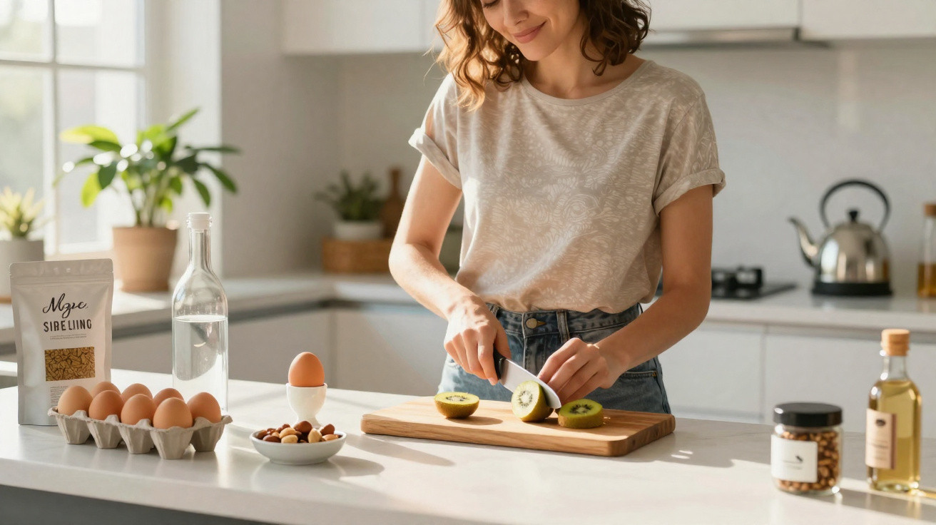 Mulher a cortar kiwi na cozinha, com ovos, frutos secos e garrafa de água na bancada.