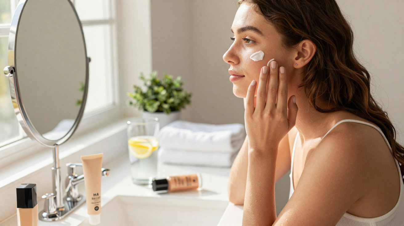 Mulher a aplicar creme no rosto junto a lavatório com produtos de beleza e espelho redondo.