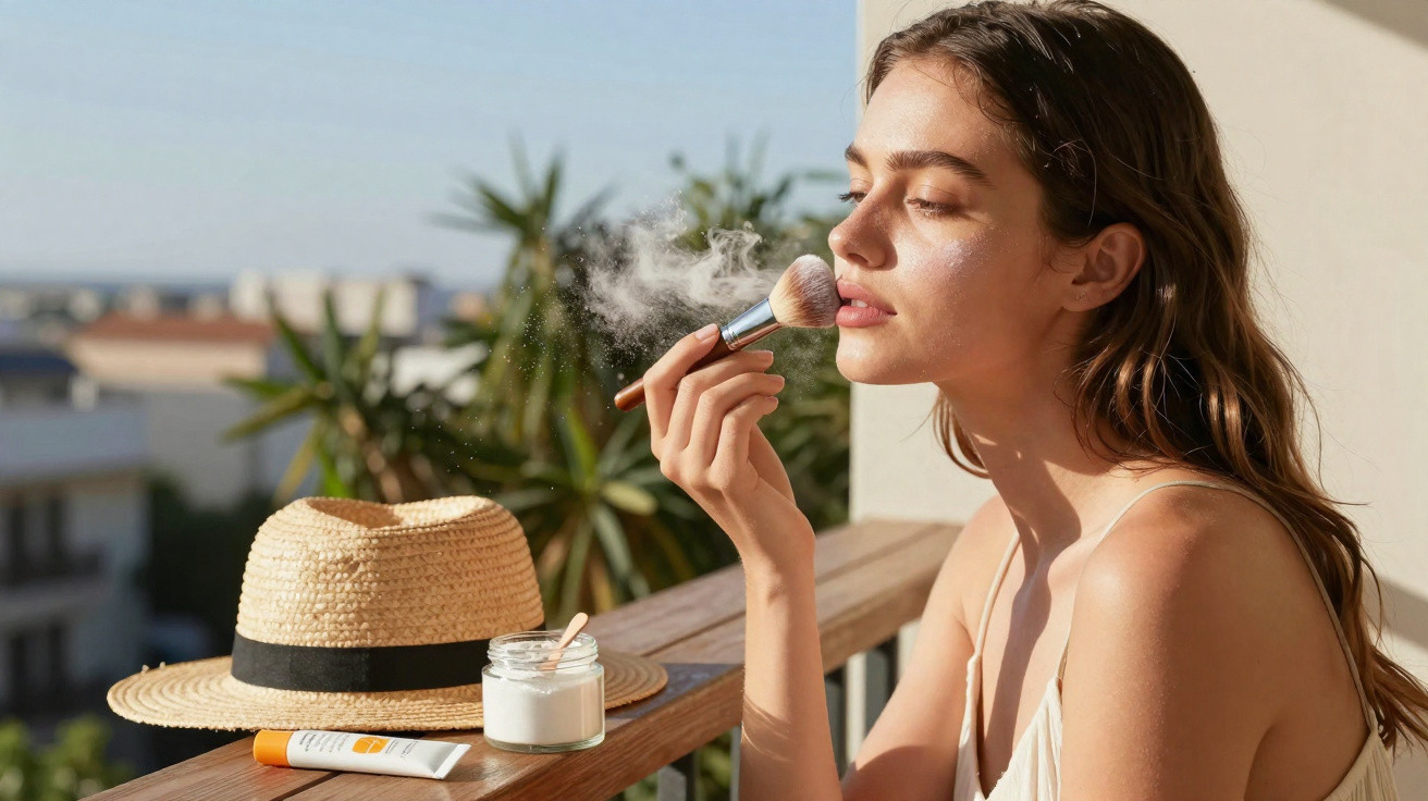 Mulher aplica pó facial com pincel numa varanda, com chapéu de palha e cremes ao sol.
