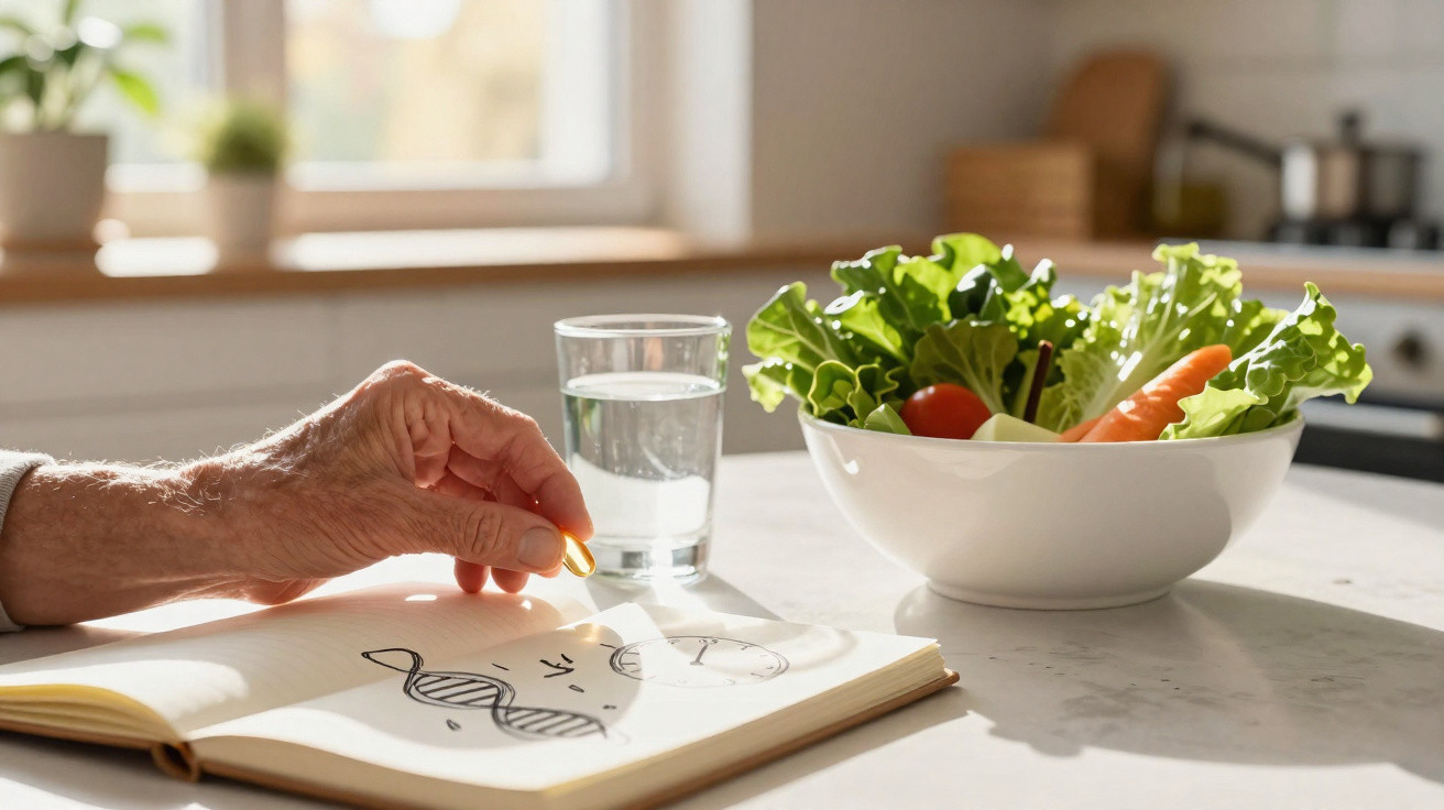 Mão idosa segurando comprimido junto a caderno com desenhos, copo de água e taça de legumes frescos numa cozinha.