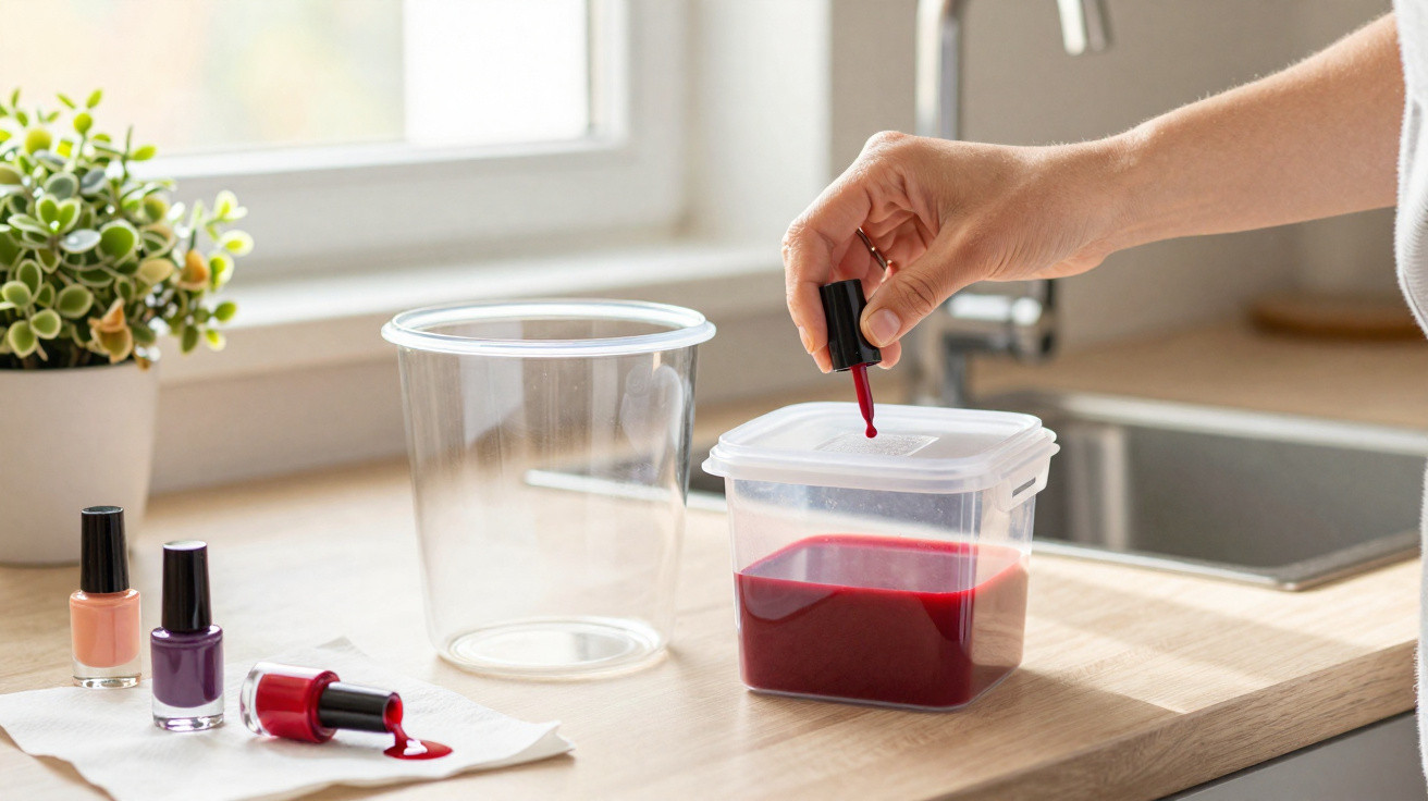 Mão segurando pincel de verniz de unhas com tinta vermelha sobre caixa plástica na cozinha.