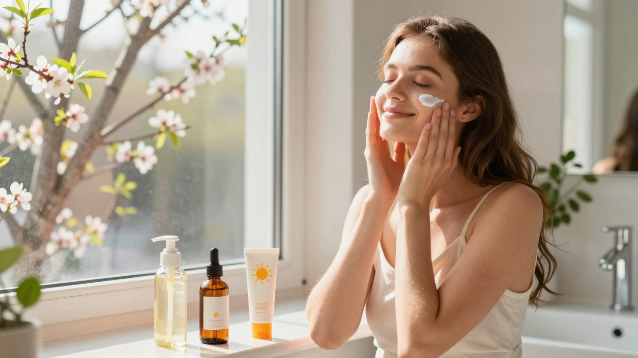 Mulher aplica creme facial junto a janela com flores, luz natural e produtos de beleza num lavabo moderno.