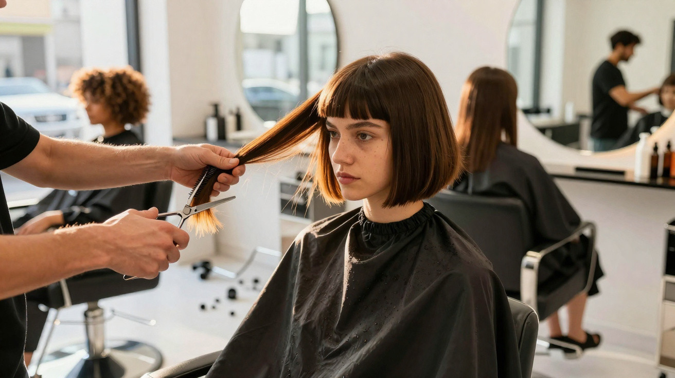 Mulher jovem com cabelo castanho curto a ser cortado num salão de cabeleireiro moderno.