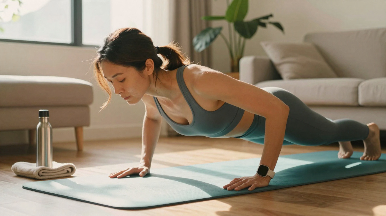 Mulher a fazer flexões numa sala luminosa, com tapete de exercício, garrafa de água e toalha ao lado.