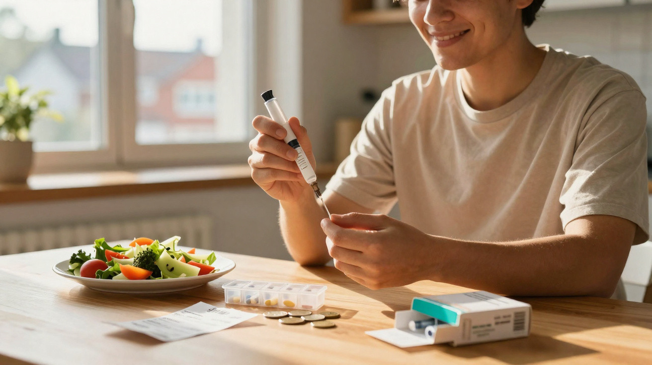 Pessoa a preparar insulina à mesa com salada, medicamentos e dinheiro à sua frente.
