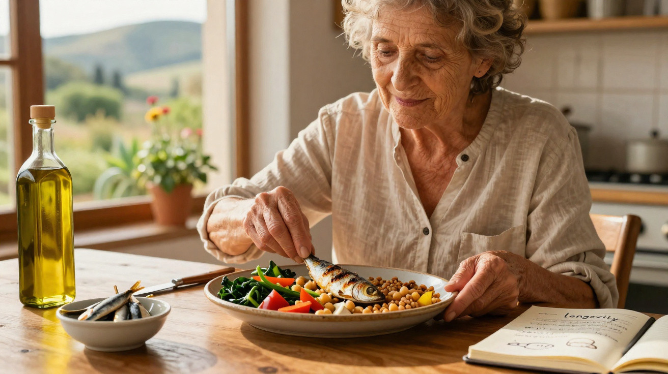 Mulher idosa a comer peixe grelhado com legumes e grão na cozinha, rodeada por utensílios e livro aberto.