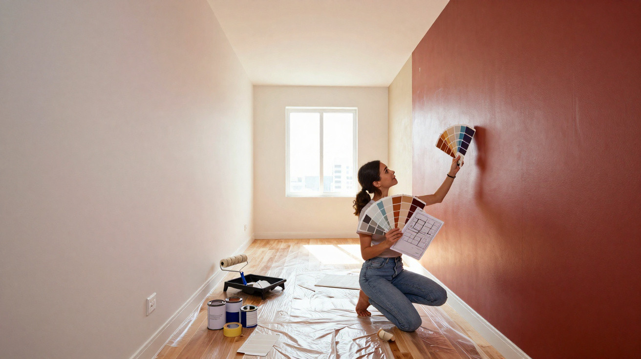 Mulher ajoelhada numa sala vazia escolhe cor para pintar parede, segurando amostras e plantas, com materiais de pintura no ch