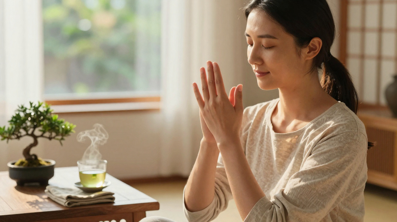 Mulher sentada a meditar com olhos fechados numa sala iluminada, ao lado de chá e planta numa mesa.