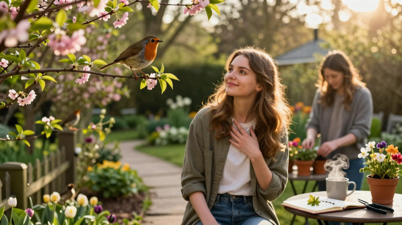 Mulher sorridente observa pardal numa árvore florida enquanto outra pessoa cuida de flores num jardim ao amanhecer.