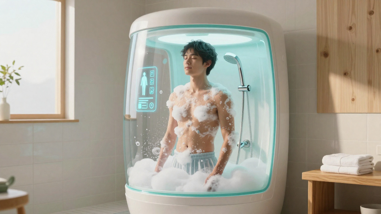 Homem numa cabine de banho futurista com espuma e interface digital numa casa de banho moderna.