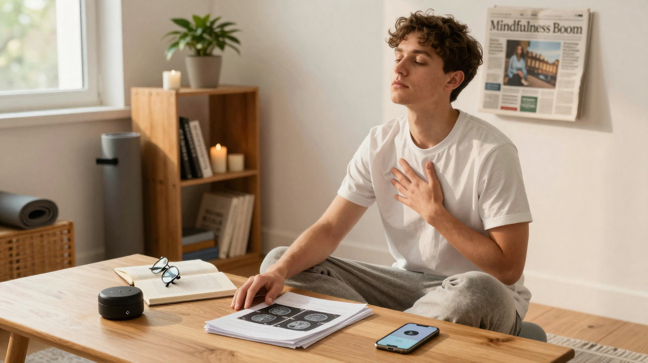 Homem jovem a meditar sentado no chão de uma sala iluminada com livros e vela acesa.