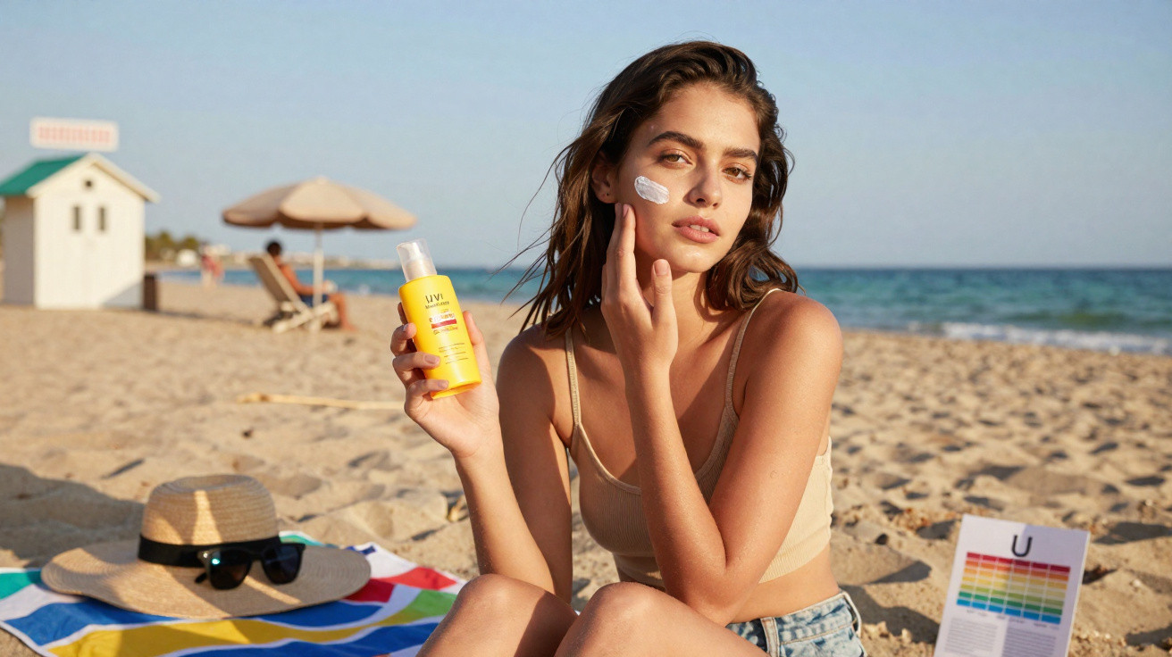 Mulher sentada na praia a aplicar creme protetor solar no rosto, segura frasco amarelo.