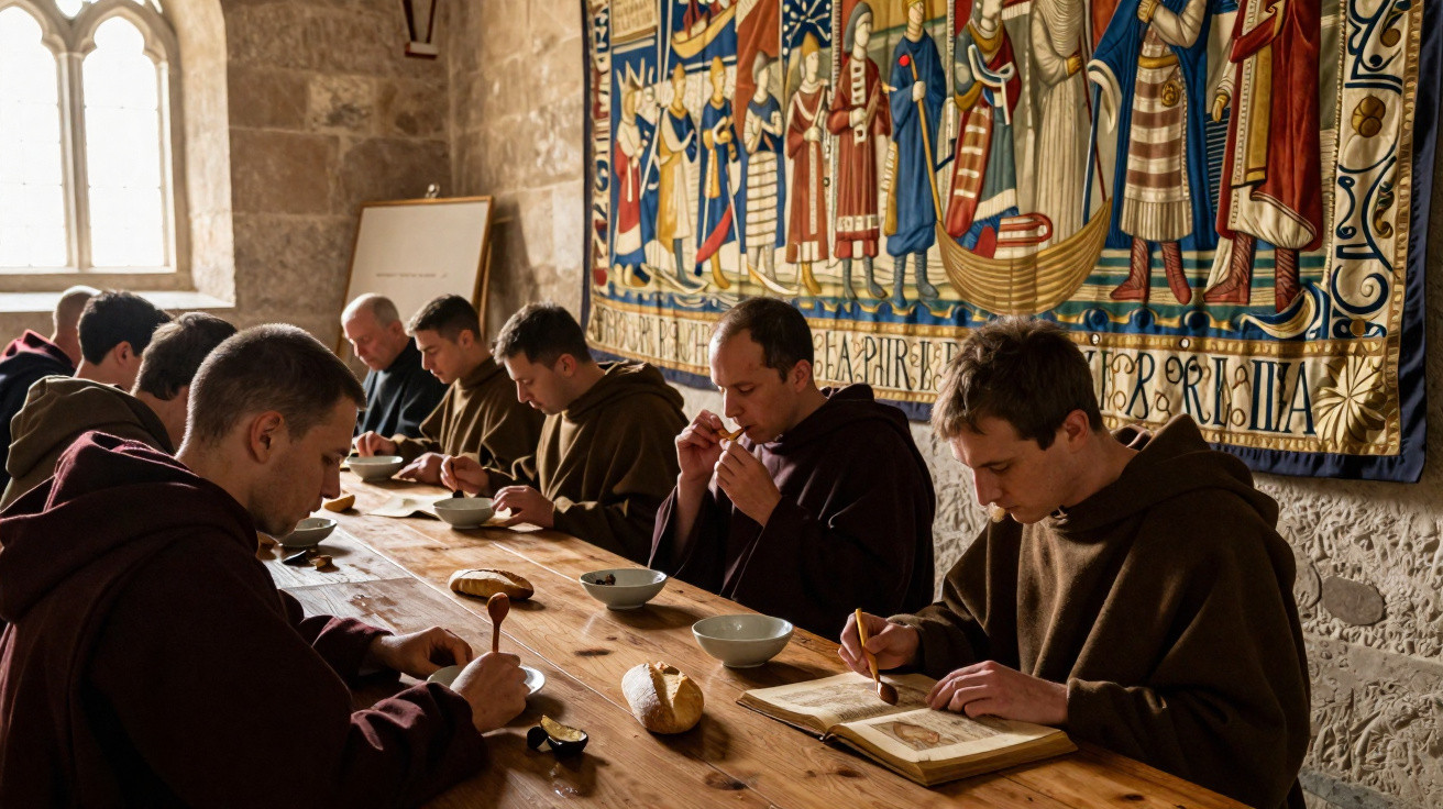 Monjes vestidos con hábitos marrones en una mesa de madera comiendo y leyendo en un salón con tapiz medieval.