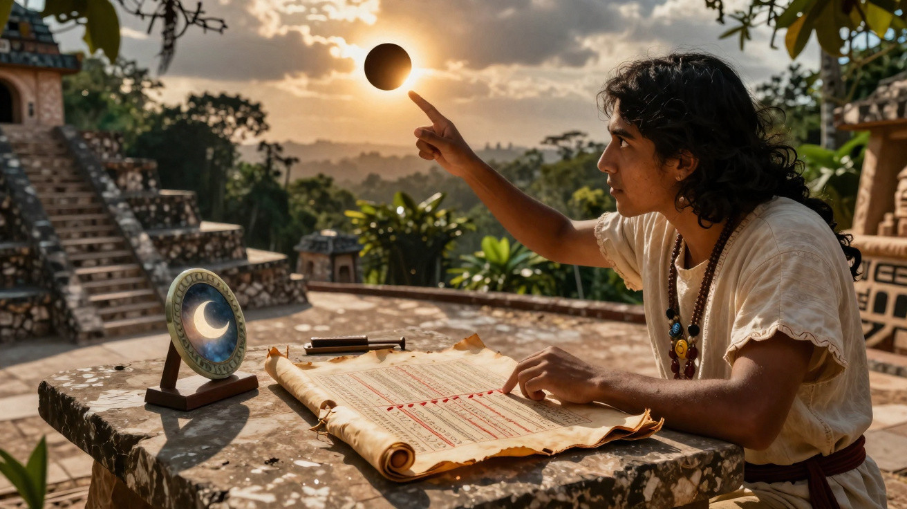 Jovem aponta para eclipse solar numa paisagem com pirâmides e pergaminho antigo numa mesa de pedra.