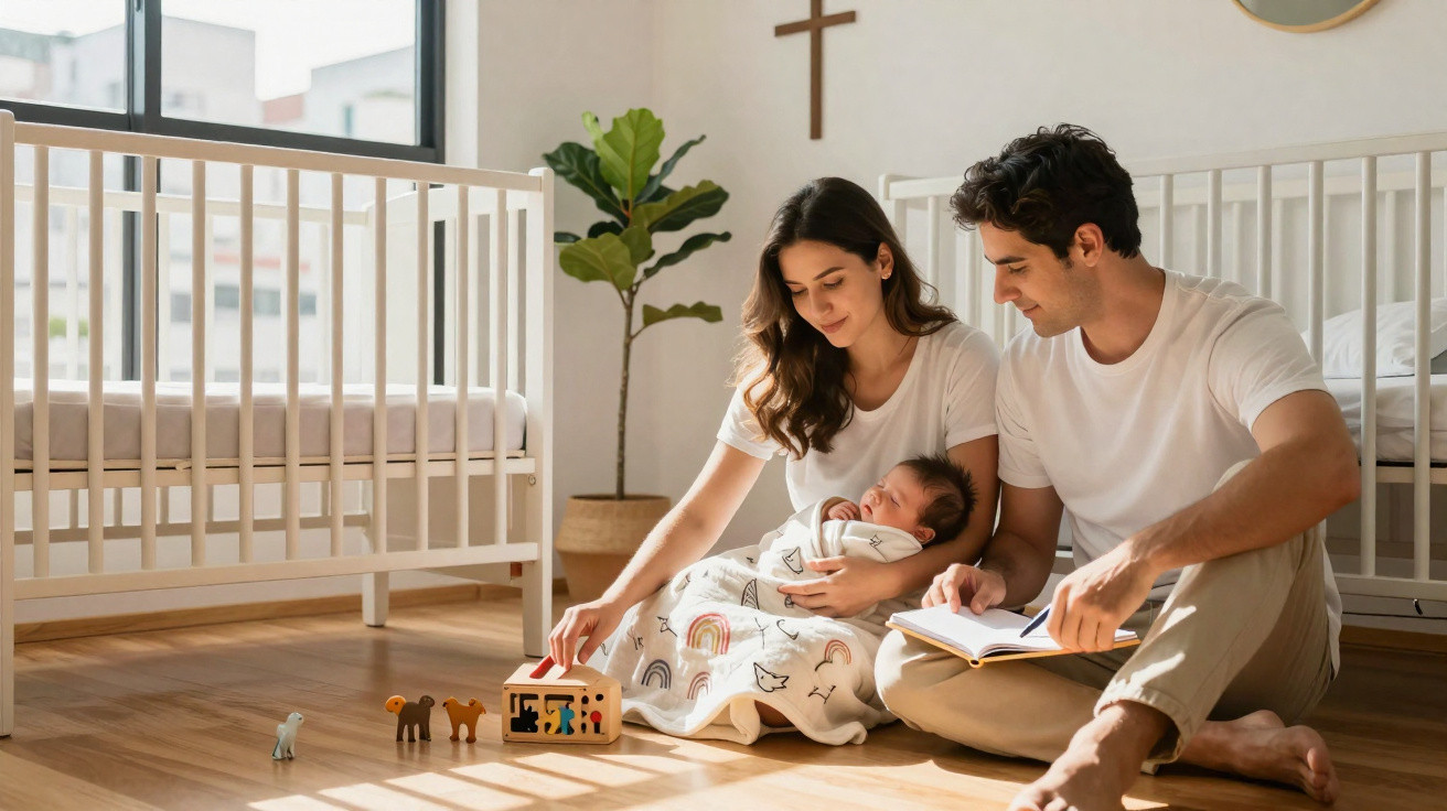 Casal sentado no chão do quarto do bebé, mãe com bebé ao colo e pai a ler livro, ambiente tranquilo e acolhedor.