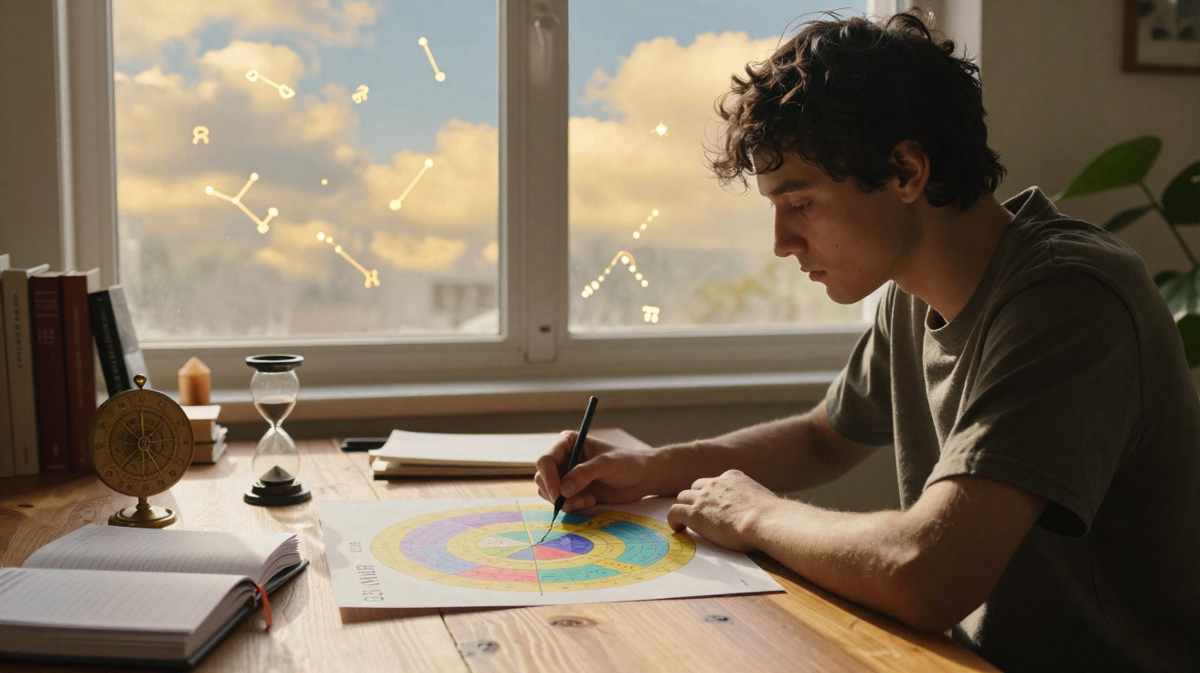 Jovem sentado à mesa a desenhar um gráfico colorido, com símbolos de constelações sobre a janela ao fundo.