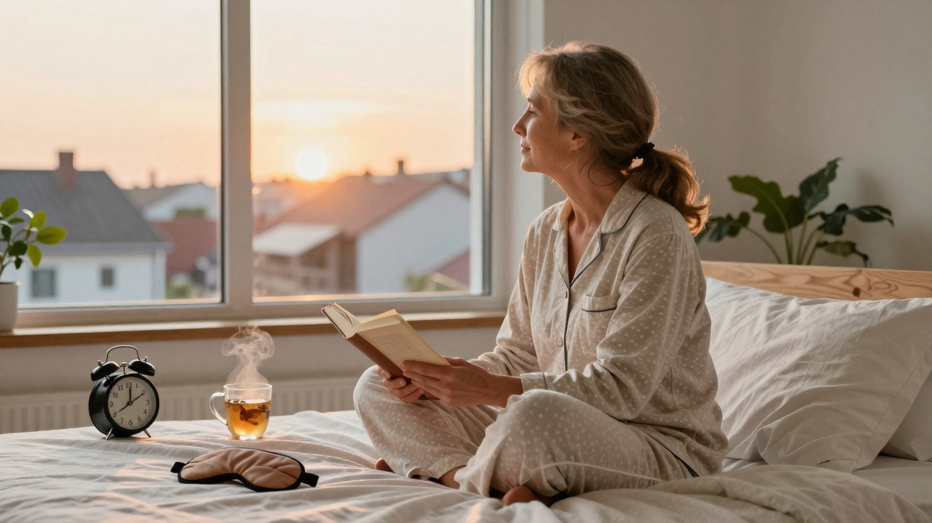 Mulher de pijama sentada na cama, lendo livro e a observar o nascer do sol pela janela.